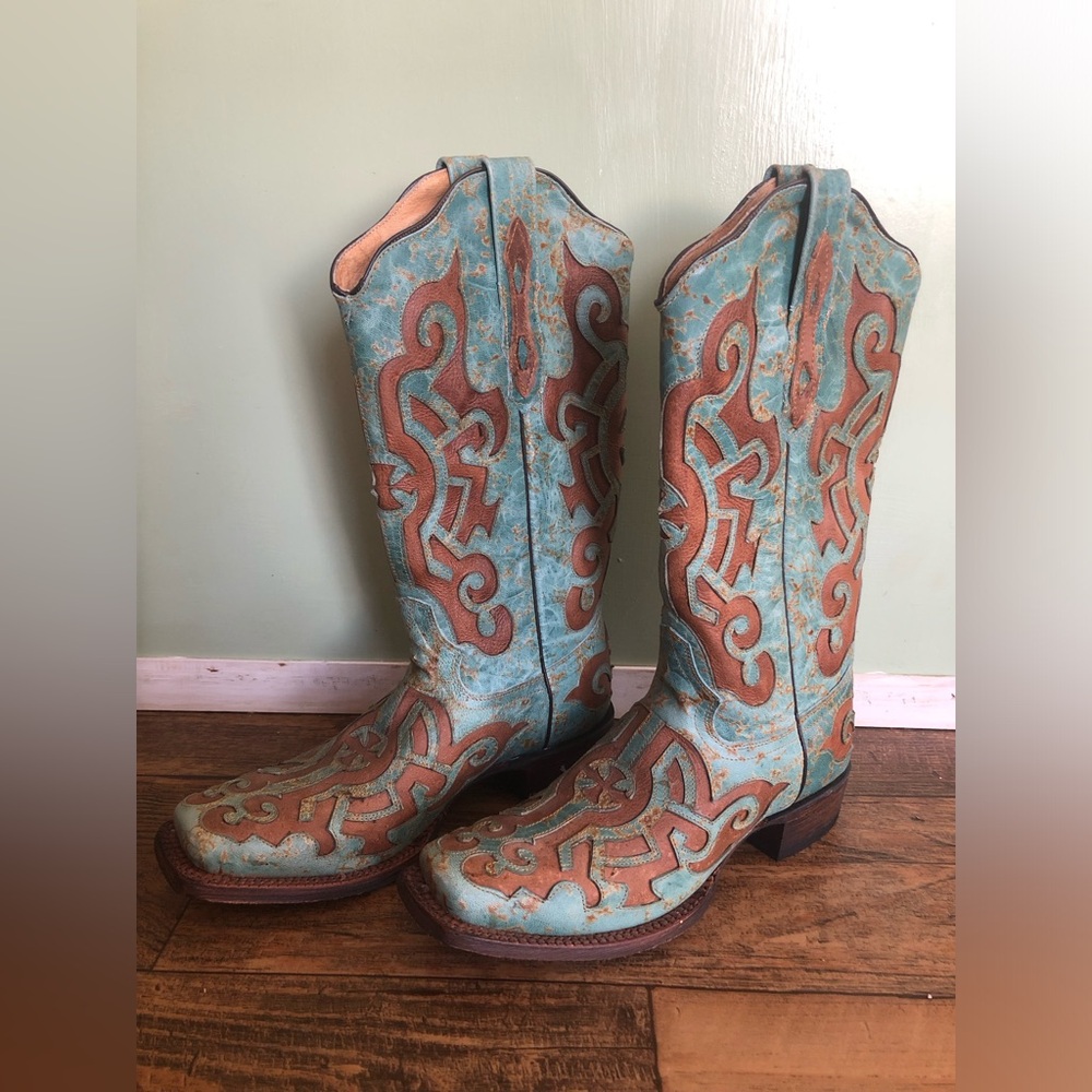 Tanner Mark Womens Cowboy Boots Size 7.5 Turquoise Brown Western Shoe Square Toe